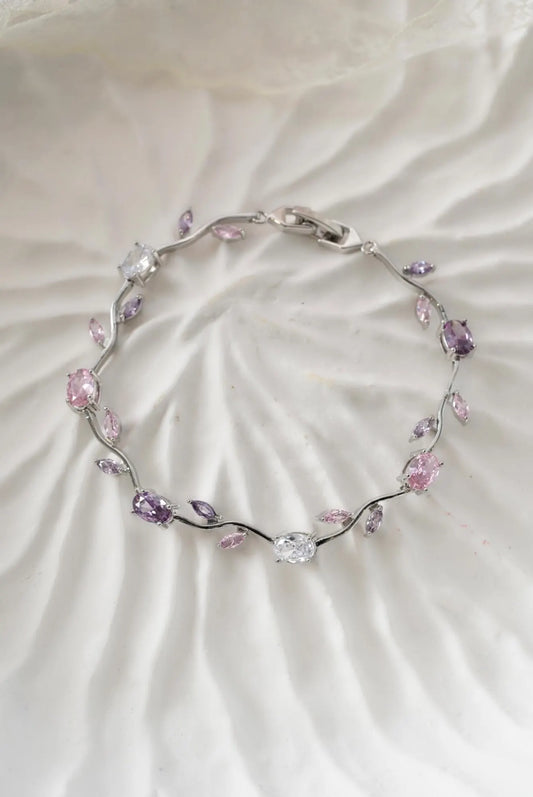 Gold Pastel Tulip Floral Bracelet-18K Coquette Flower Bracelet- Pink & Lilac Crystals – Fairytale Inspired Jewelry Gift for Her