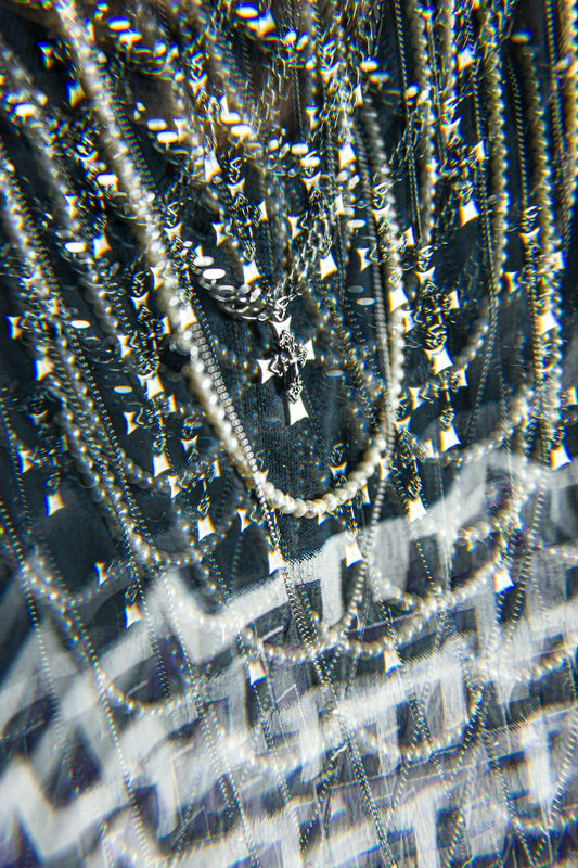 silver and blue beaded necklace