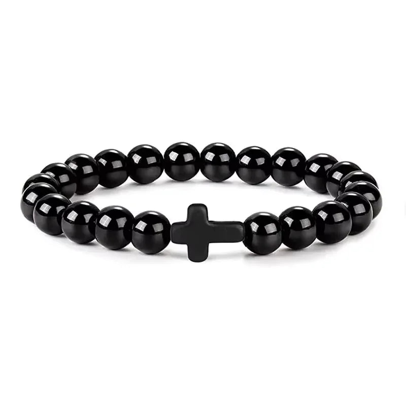 Black beaded bracelet with matte black cross, minimalist onyx style, men's stretch jewelry