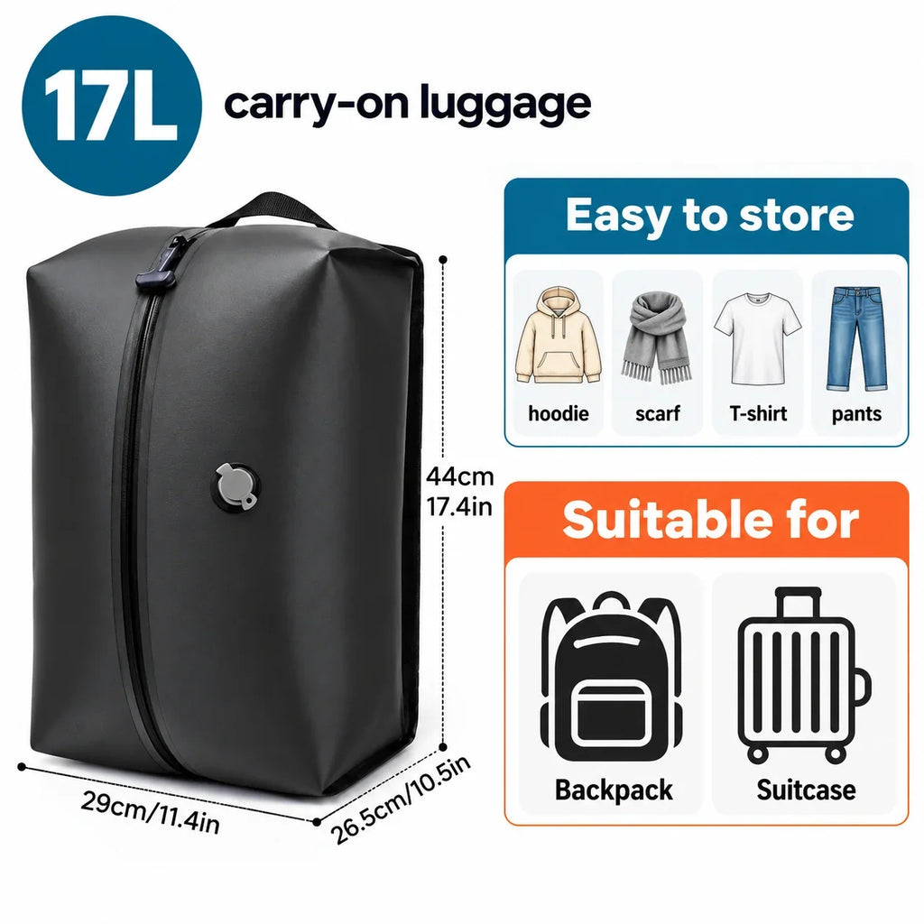 GetVelqo 17L black vacuum compression bag for carry-on luggage with dimensions and clothing capacity.