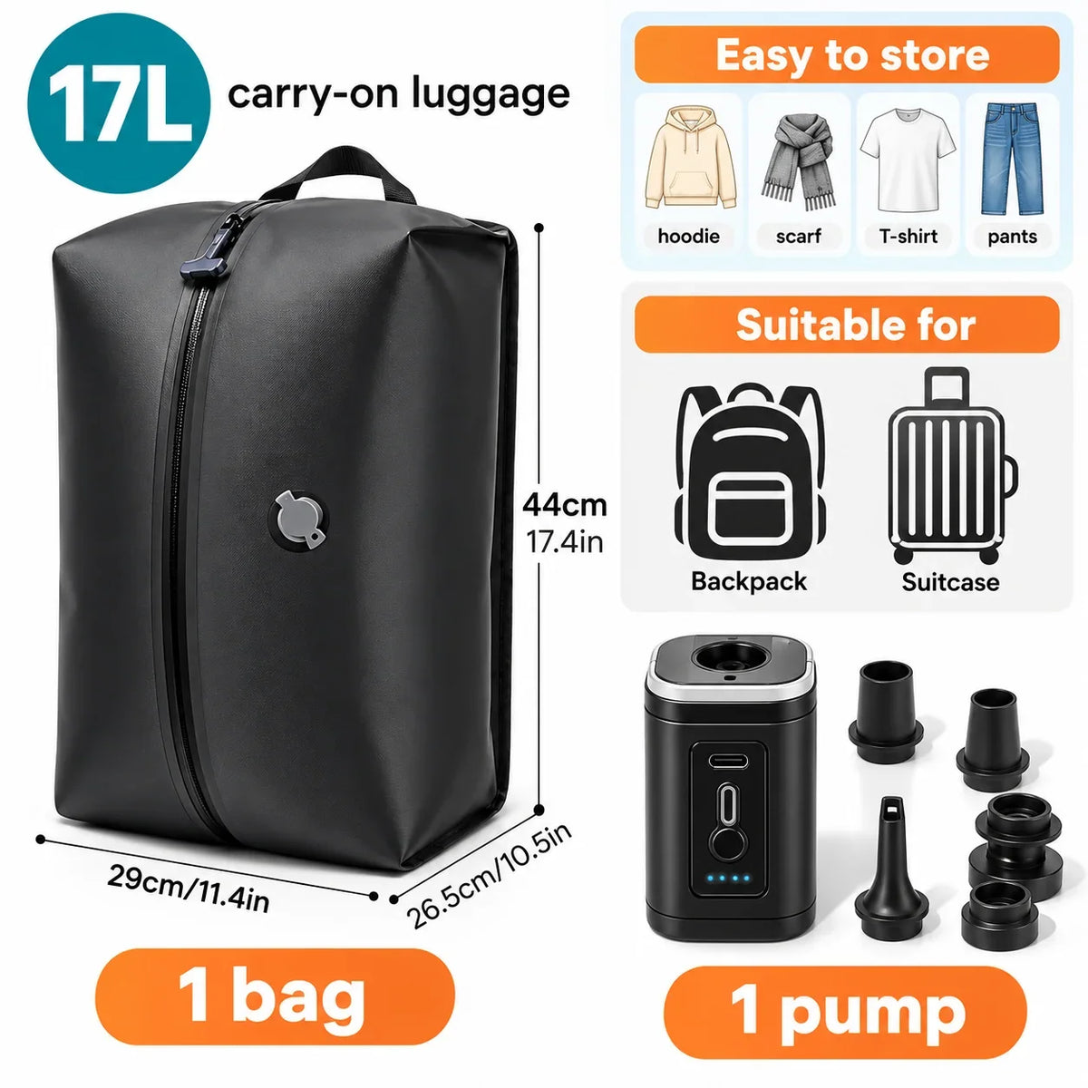 GetVelqo black 17L travel vacuum compression bag with electric pump and nozzle attachments.