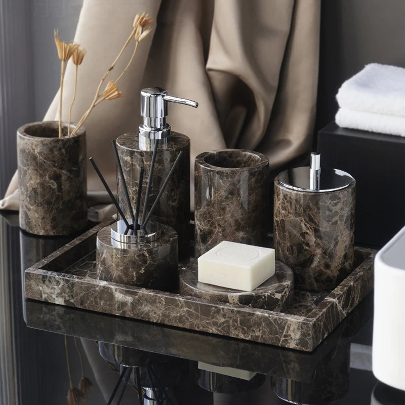 Emperador Dark Natural Marble Bathroom Accessories Luxury Soap Dispenser Soap Dish Reed Diffuser Bathroom Set