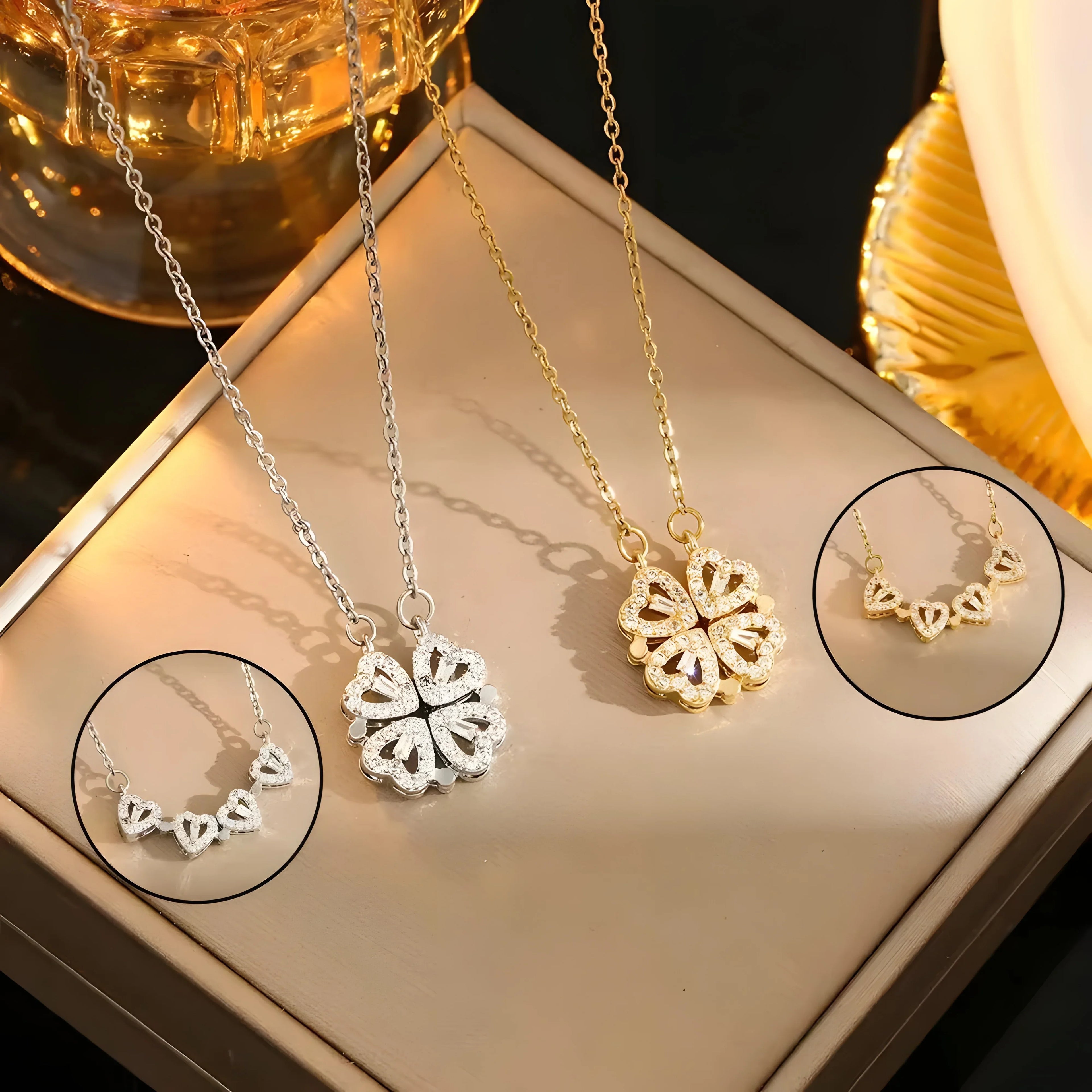 4-in-1 Clover Necklace, dainty pendant jewelry in gold and silver, minimal elegant style