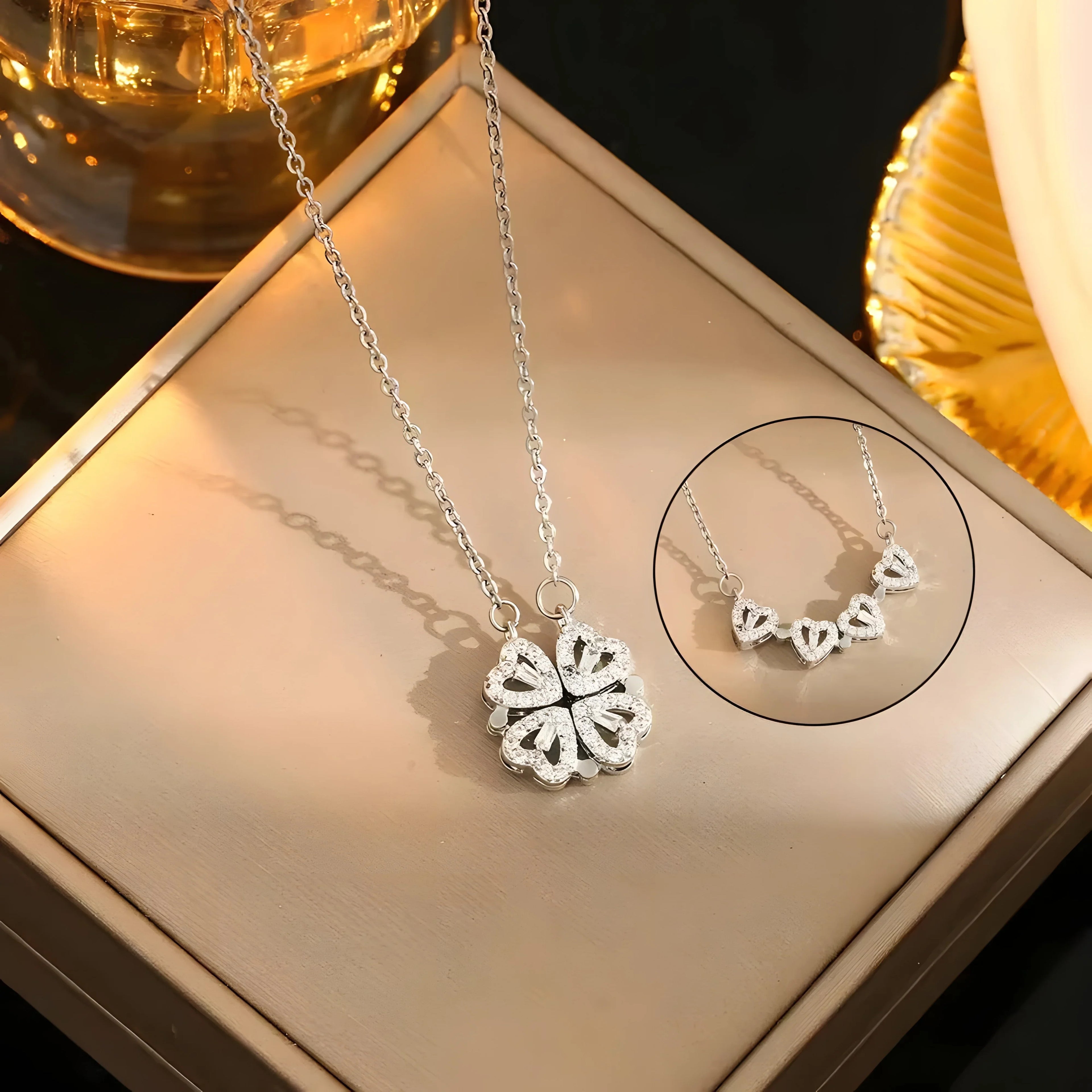 4-in-1 Clover Necklace, silver layered pendant, white minimal style jewelry for women