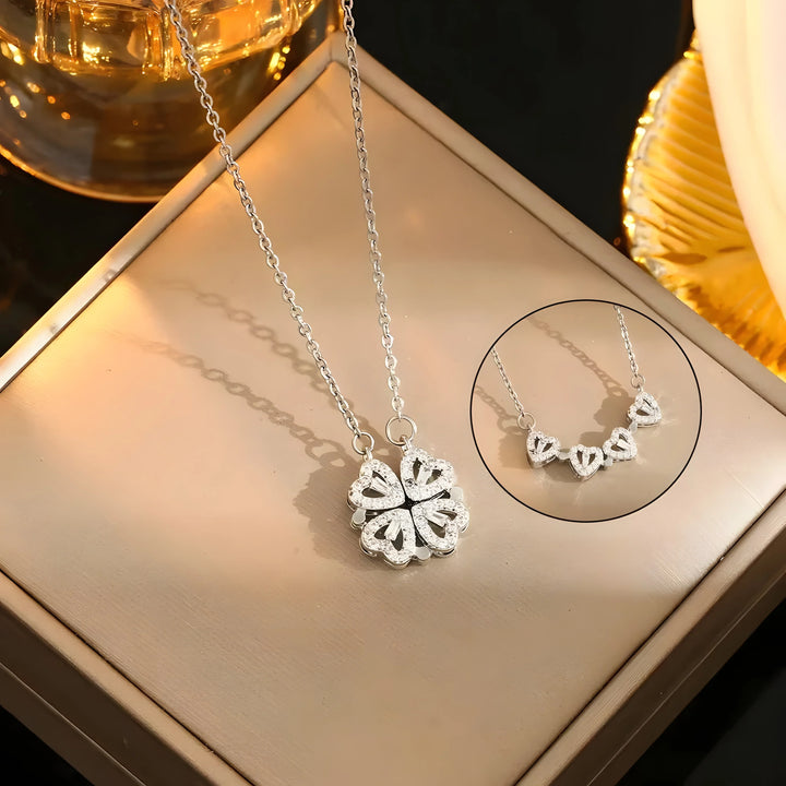 4-in-1 Clover Necklace, silver layered pendant, white minimal style jewelry for women