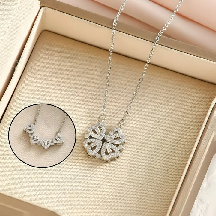 4-in-1 Clover Necklace, silver plated, adjustable pendant with clear crystals, minimalist style.