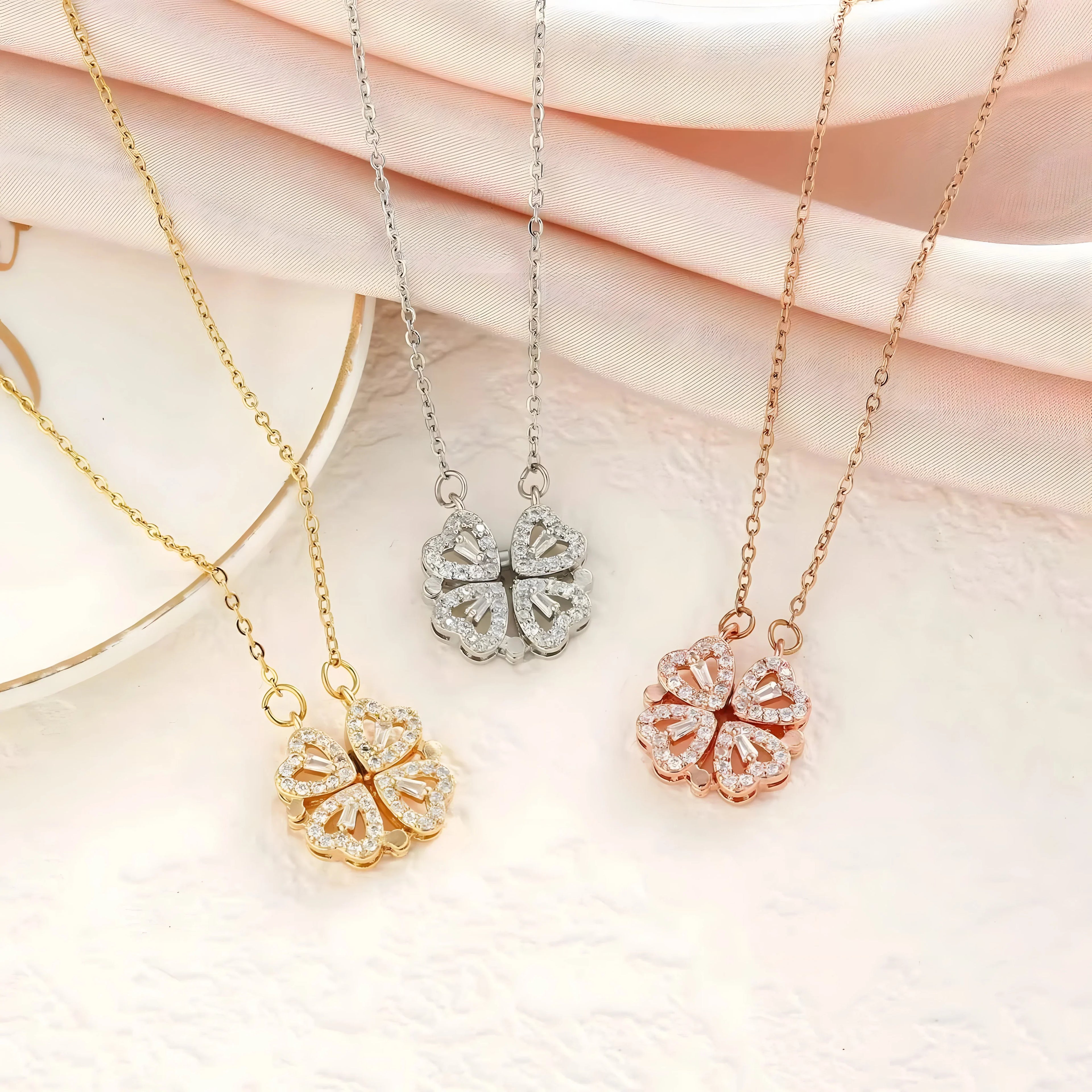 4-in-1 Clover Necklace, gold, silver, and rose gold pendant, minimal crystal jewelry style