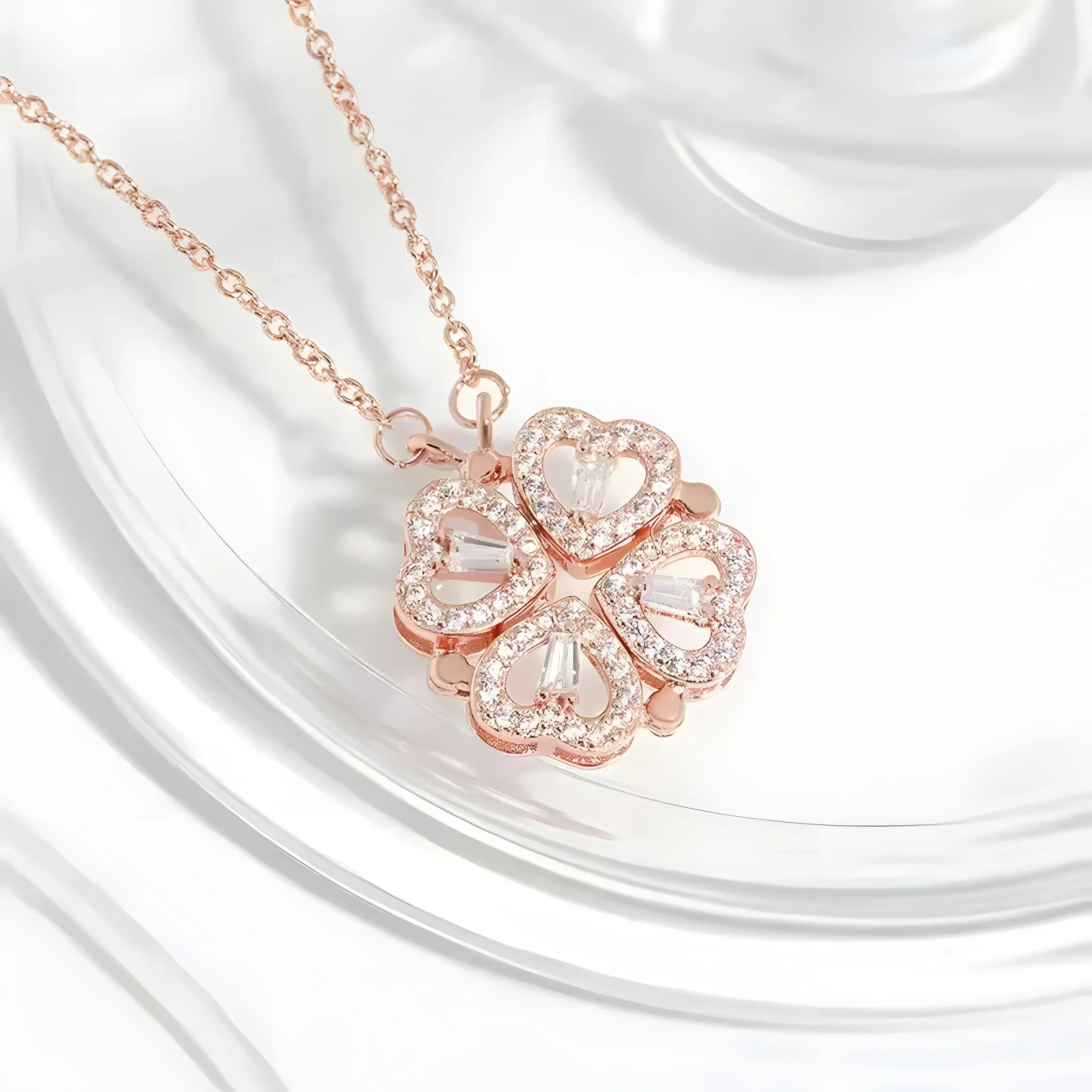 4-in-1 Clover Necklace rose gold heart pendant, white crystal, elegant minimalist jewelry