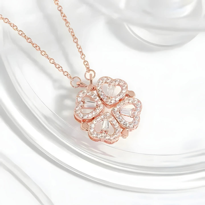 4-in-1 Clover Necklace rose gold heart pendant, white crystal, elegant minimalist jewelry