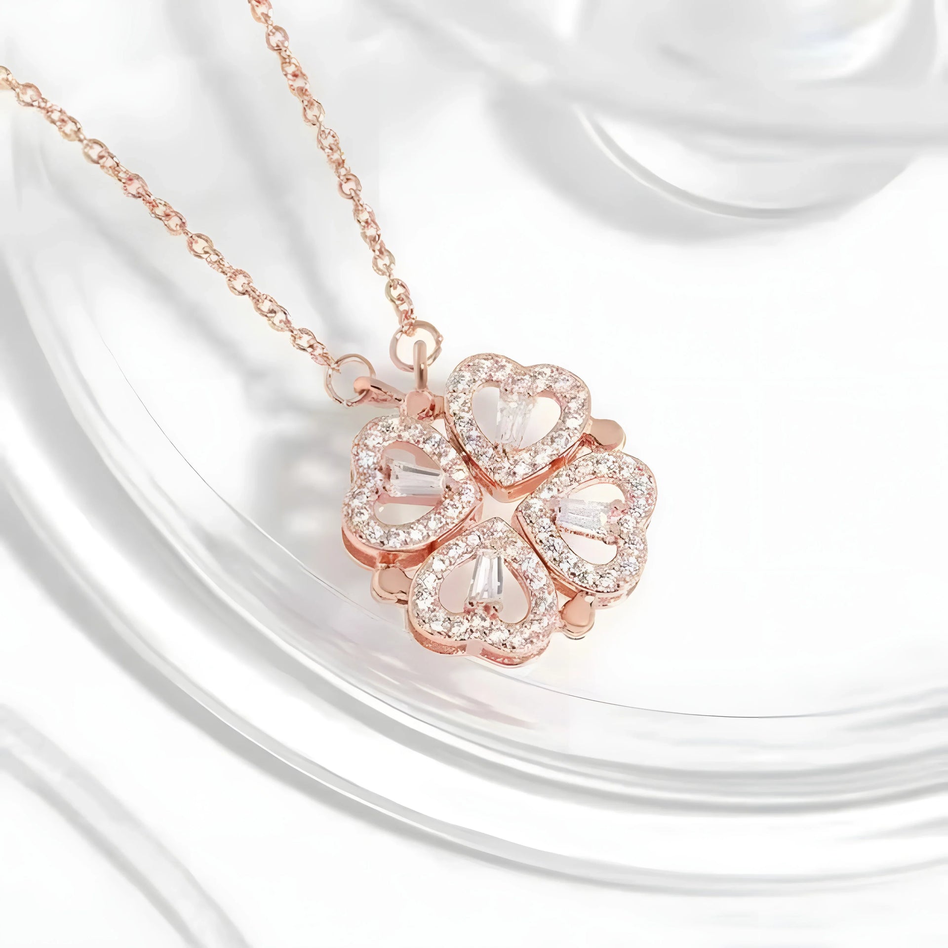 4-in-1 clover necklace, rose gold, heart-shaped pendant with clear stones, elegant jewelry