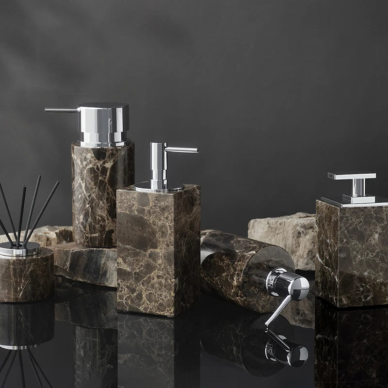 Emperador Dark Natural Marble Bathroom Accessories Luxury Soap Dispenser Soap Dish Reed Diffuser Bathroom Set