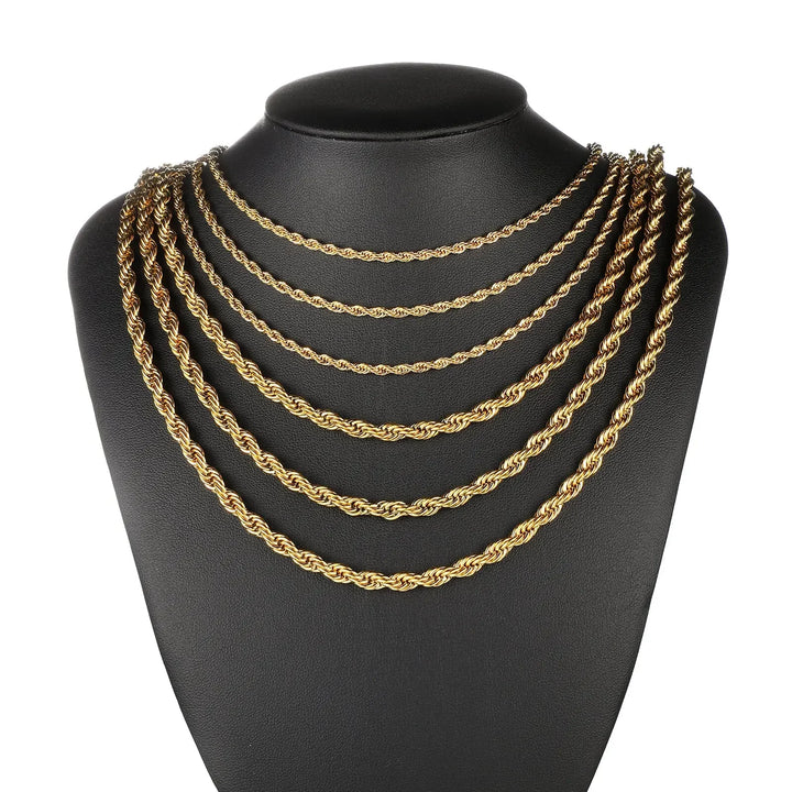 2-6MM Gold Color Twisted Rope Chain Necklace Stainless Steel Never Fade Waterproof Choker for Men Women Fashion Jewelry