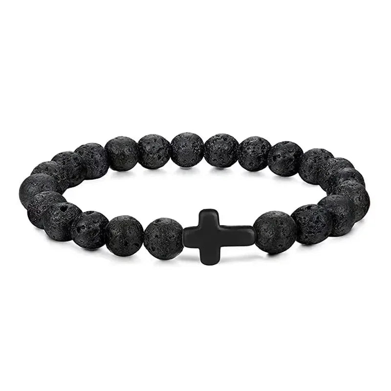 Black lava stone beaded bracelet with cross charm, minimalist unisex jewelry, matte finish