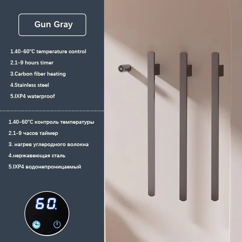 Gray Bathroom Towel Warmer Hidden Wires Electric Heated Towel Rail Temperature Time Control Bath Electric Towel Rack