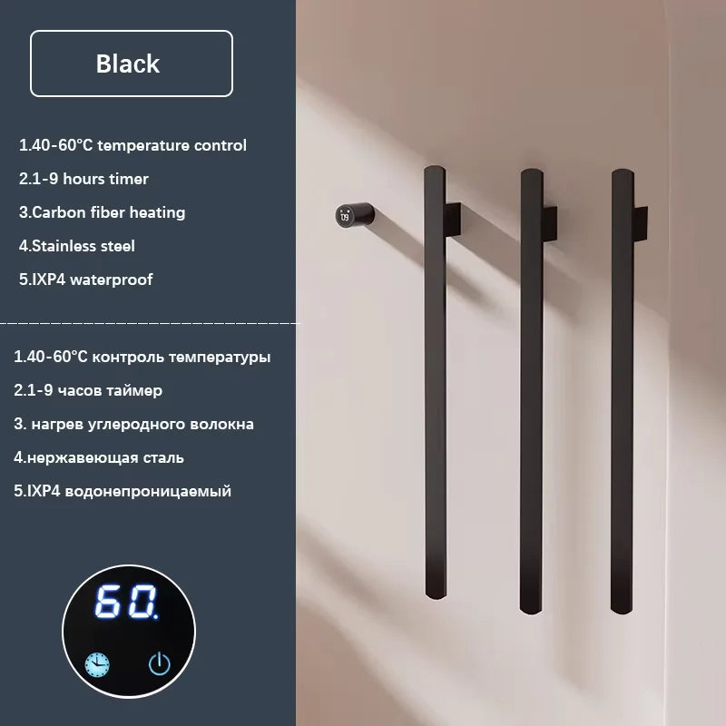 Gray Bathroom Towel Warmer Hidden Wires Electric Heated Towel Rail Temperature Time Control Bath Electric Towel Rack
