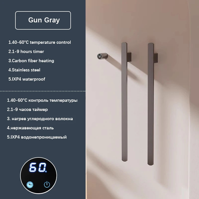 Gray Bathroom Towel Warmer Hidden Wires Electric Heated Towel Rail Temperature Time Control Bath Electric Towel Rack