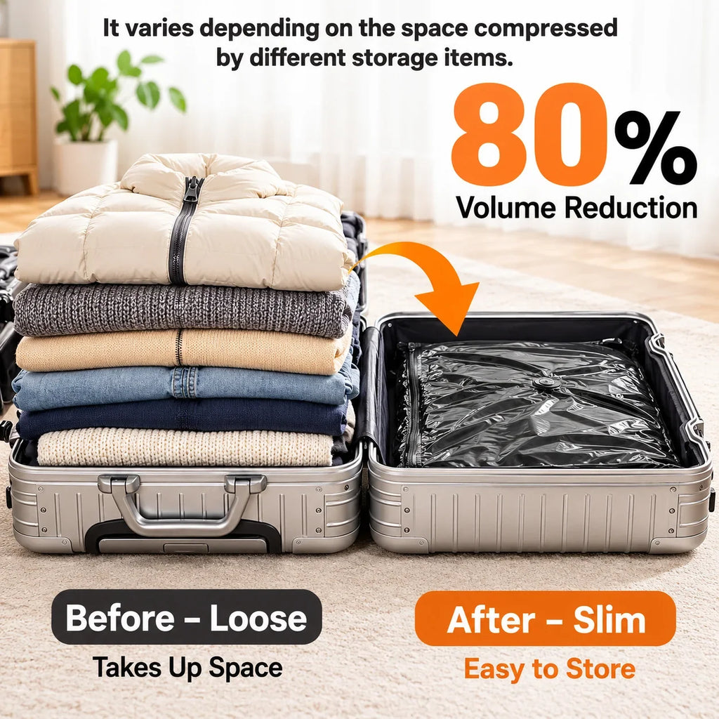 Comparison of loose clothes in a suitcase versus compressed clothes using PackEase vacuum bags for 80% volume reduction.