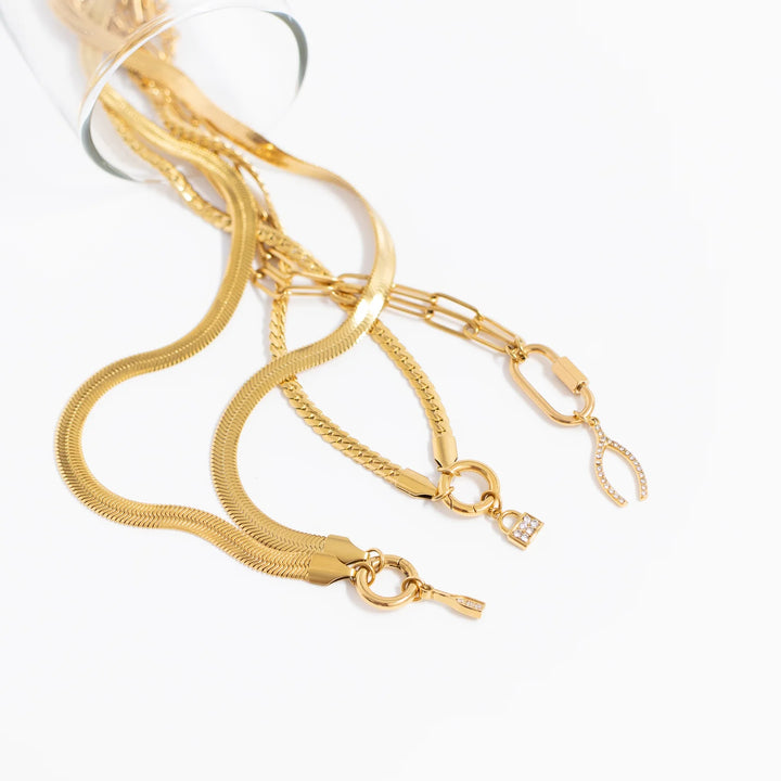 18K Gold PVD Stainless Steel Herringbone Charm Holder Necklace / CHN0101