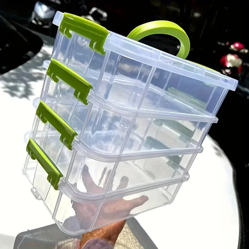 Clear plastic storage bins with green latches and handle, ideal for organizing kitchen or bathroom items.