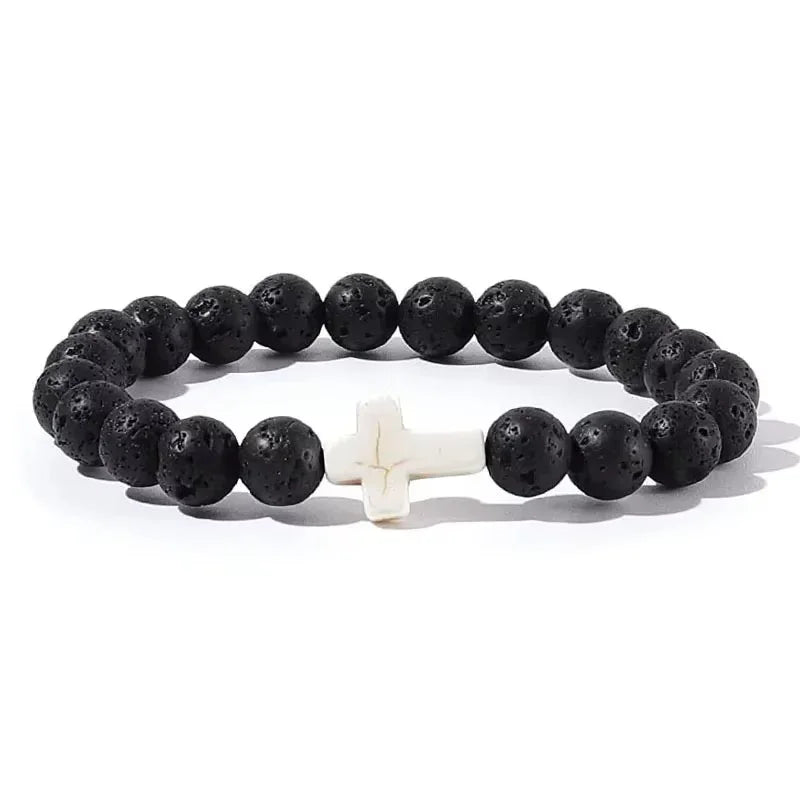 Black lava stone beaded bracelet with white cross accent, minimal unisex jewelry
