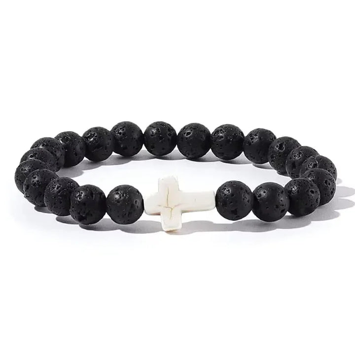 Black lava stone beaded bracelet with white cross accent, minimal unisex jewelry