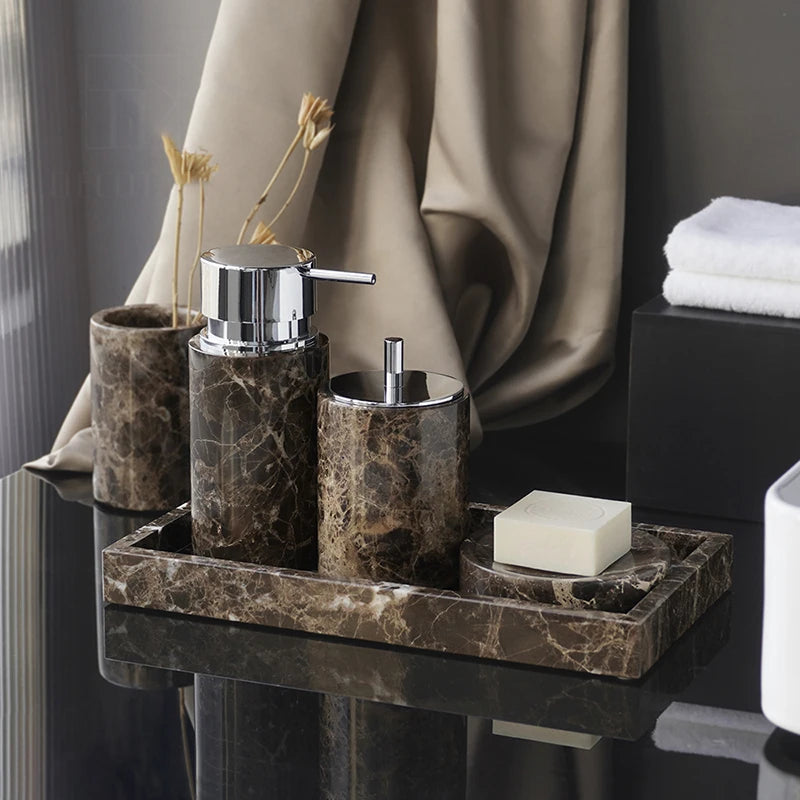 Emperador Dark Natural Marble Bathroom Accessories Luxury Soap Dispenser Soap Dish Reed Diffuser Bathroom Set