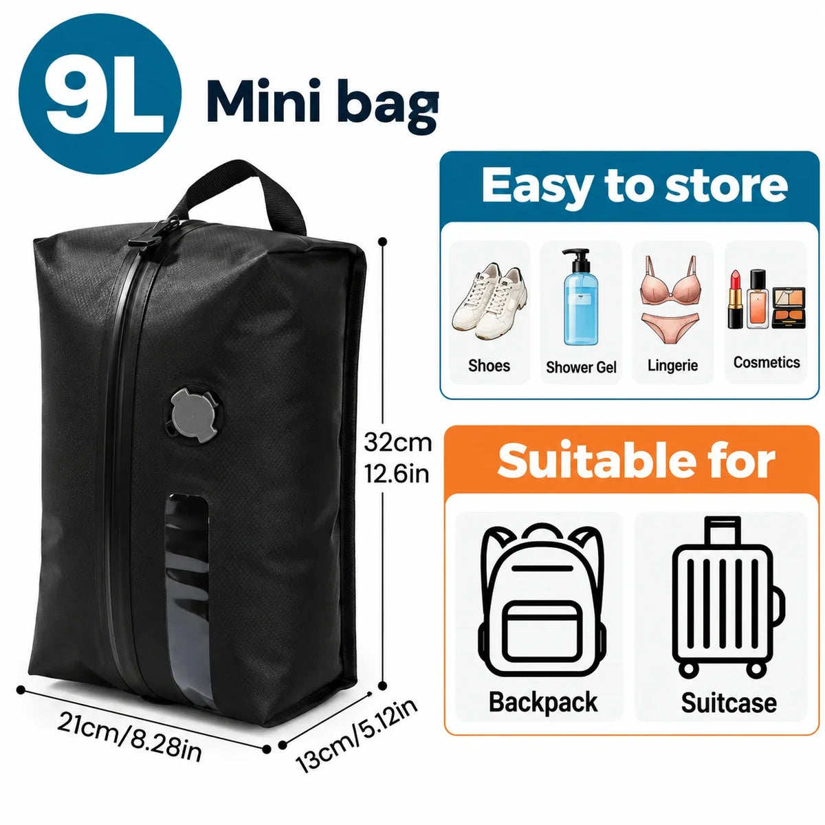 Black GetVelqo 9L mini travel vacuum compression bag with dimensions and suggested items for storage.