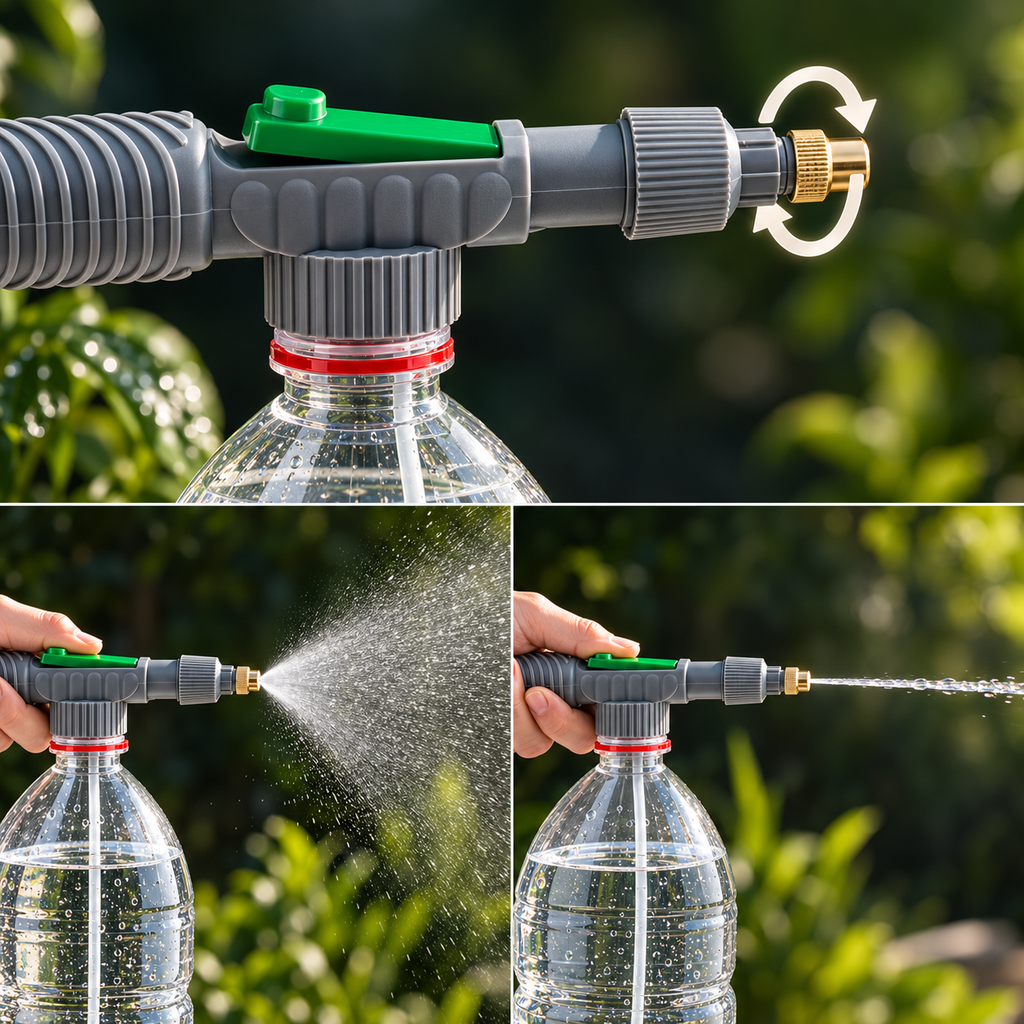 A collage showing a garden hose nozzle attached to a clear plastic bottle sprayer. The top panel shows the nozzle details, including a green trigger, gray body, and brass spray tip, with a rotation arrow graphic.