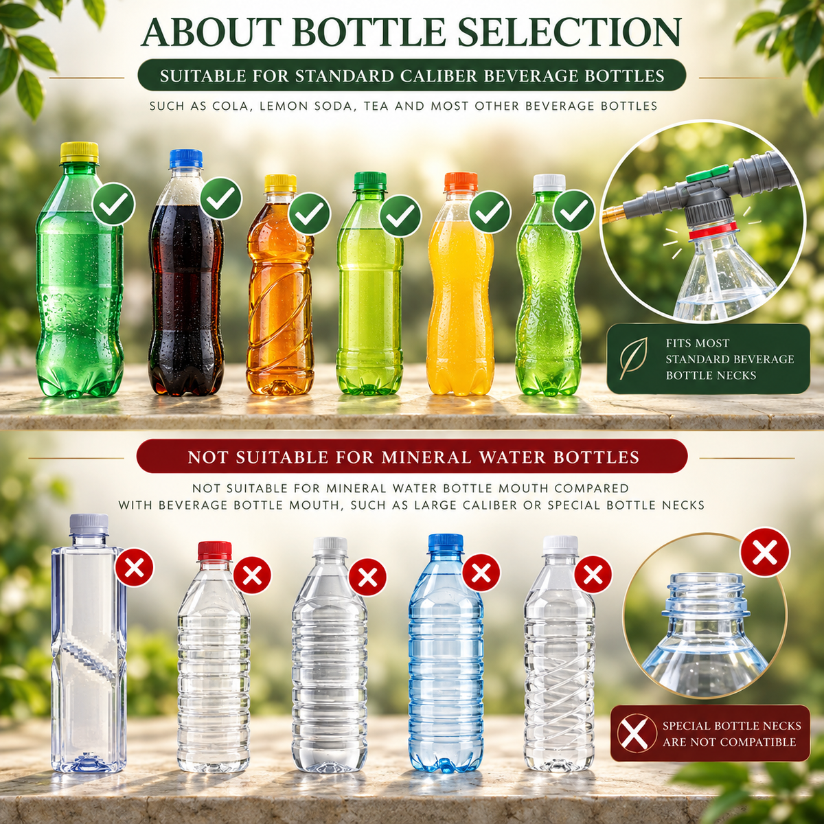 An infographic titled 'ABOUT BOTTLE SELECTION' explains which beverage bottles the special bottle neck fits, with examples of compatible colored bottles on the top half and incompatible clear mineral water bottles on the bottom half, complete with check and cross marks and close-up inset diagrams.