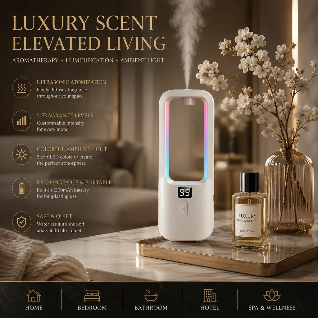 White GetVelqo ultrasonic aromatherapy diffuser with colorful LED lights and fragrance oil on a marble tray.