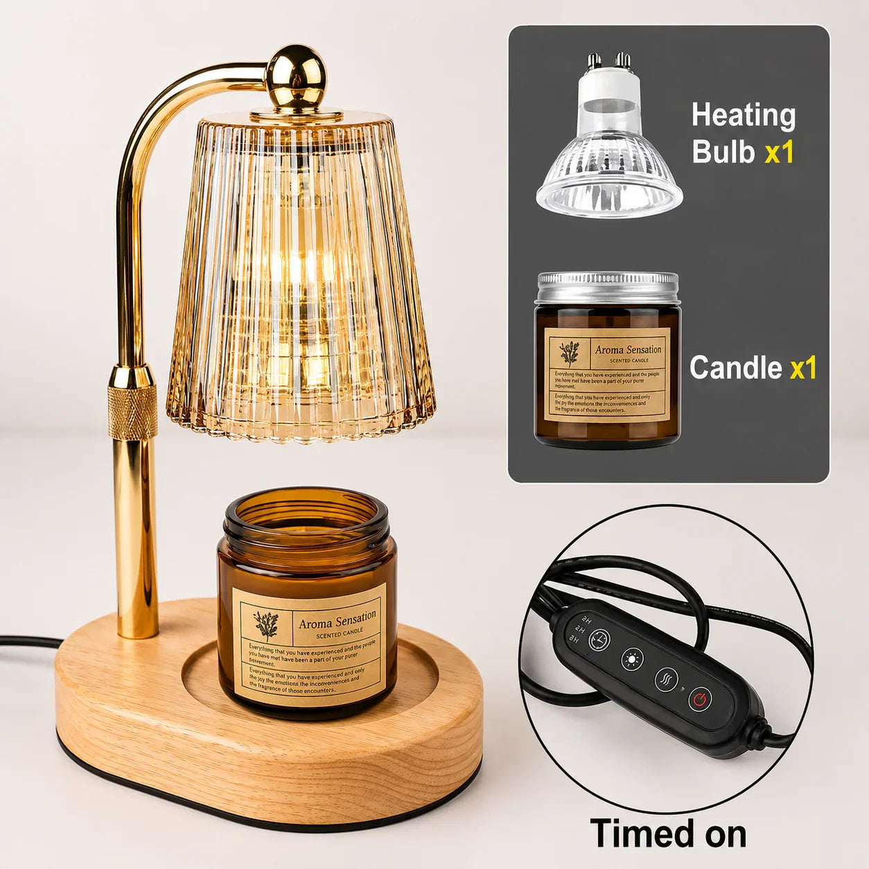 Gold glass aroma lamp with wooden base, heating bulb, scented candle, and timer control for home fragrance