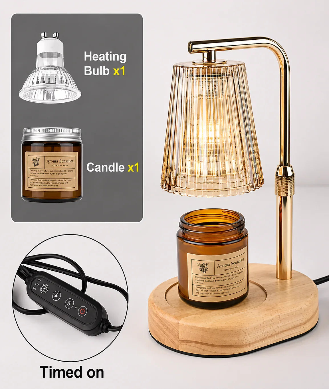 Gold candle warmer lamp with wooden base, heating bulb, and amber glass jar for scented candles