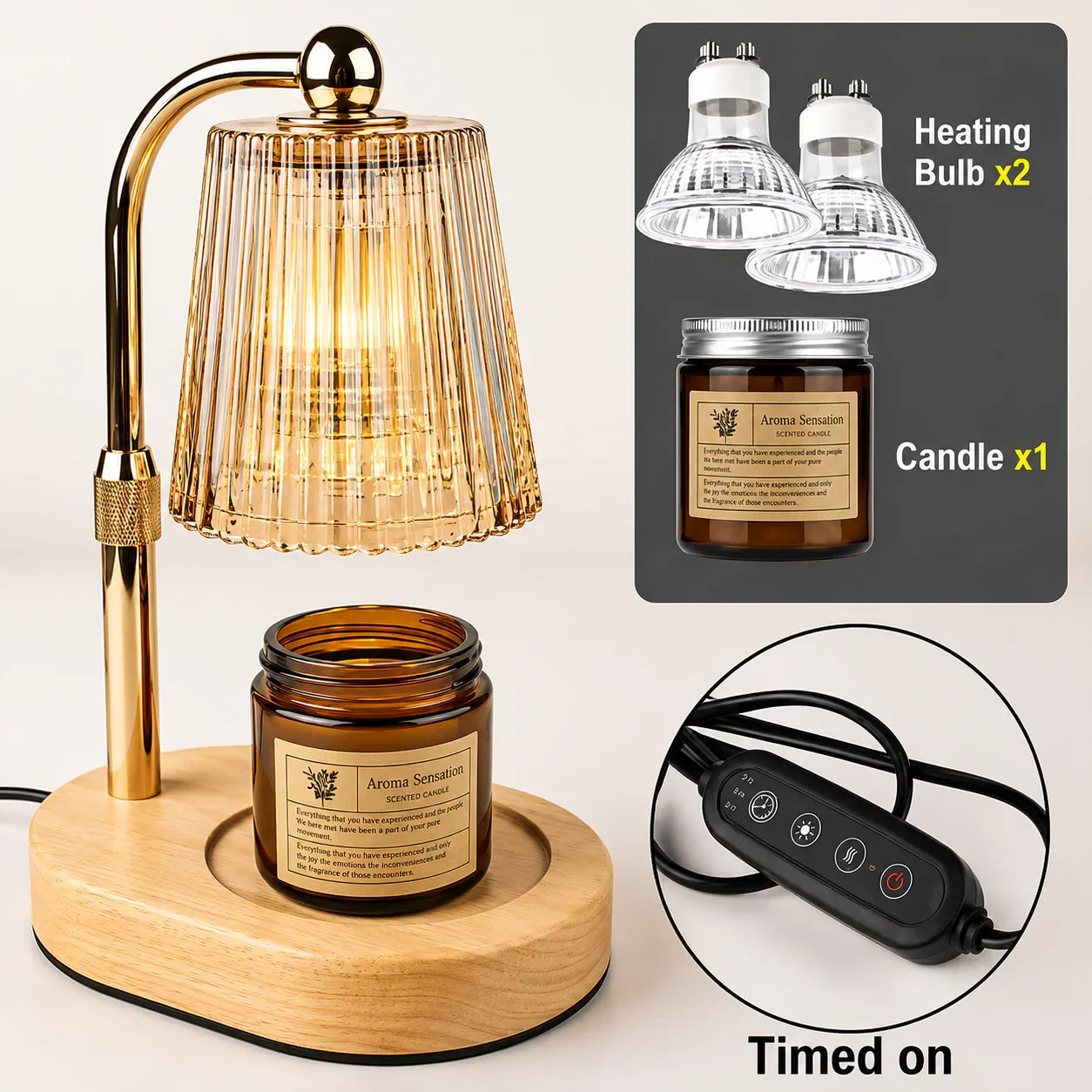 Gold glass aroma lamp with wooden base, heating bulb, scented candle, and timer control for home ambiance