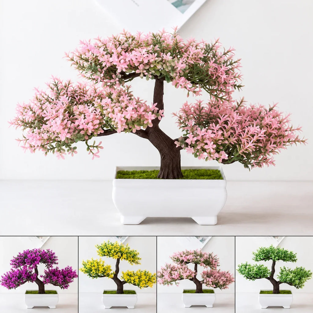 Pink artificial bonsai tree in white ceramic pot for home décor, featuring faux flowers and green moss base