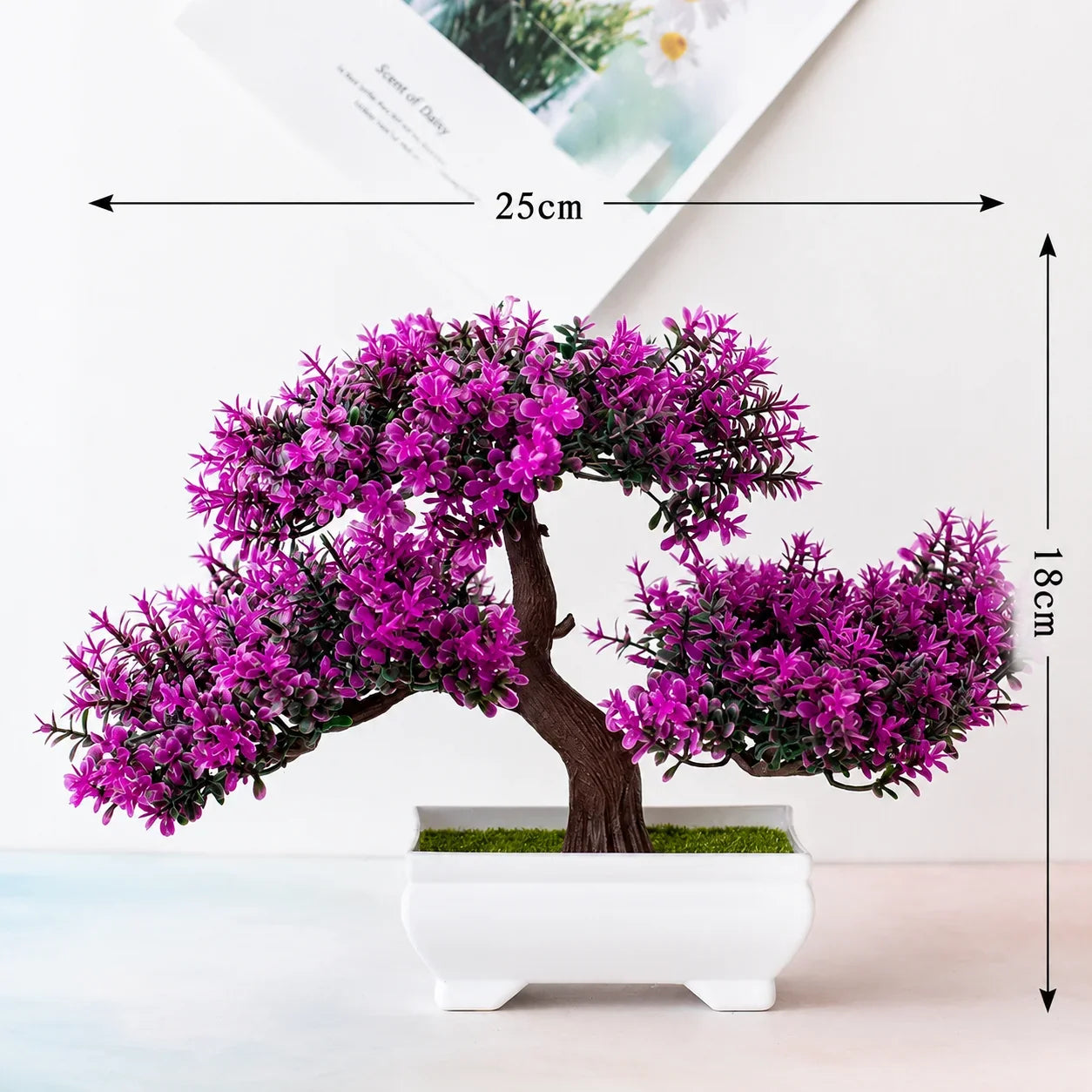 Purple artificial bonsai tree in white ceramic pot, 25cm wide, for home or office decor