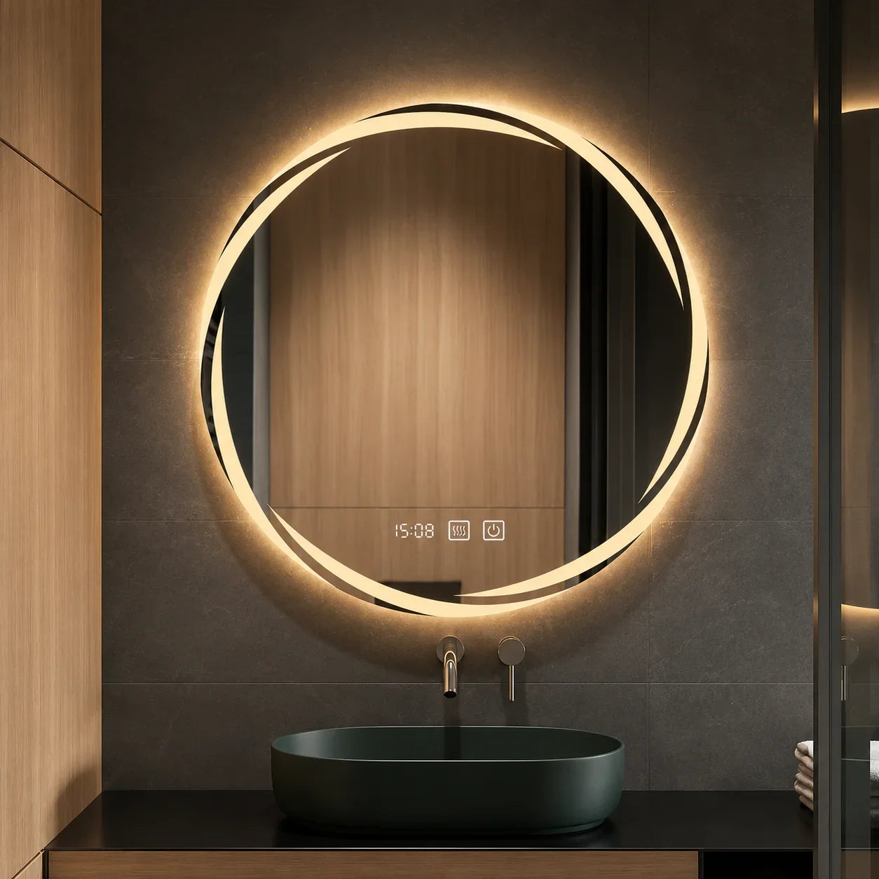 Round LED bathroom mirror with warm glow, digital clock, and touch controls above vessel sink