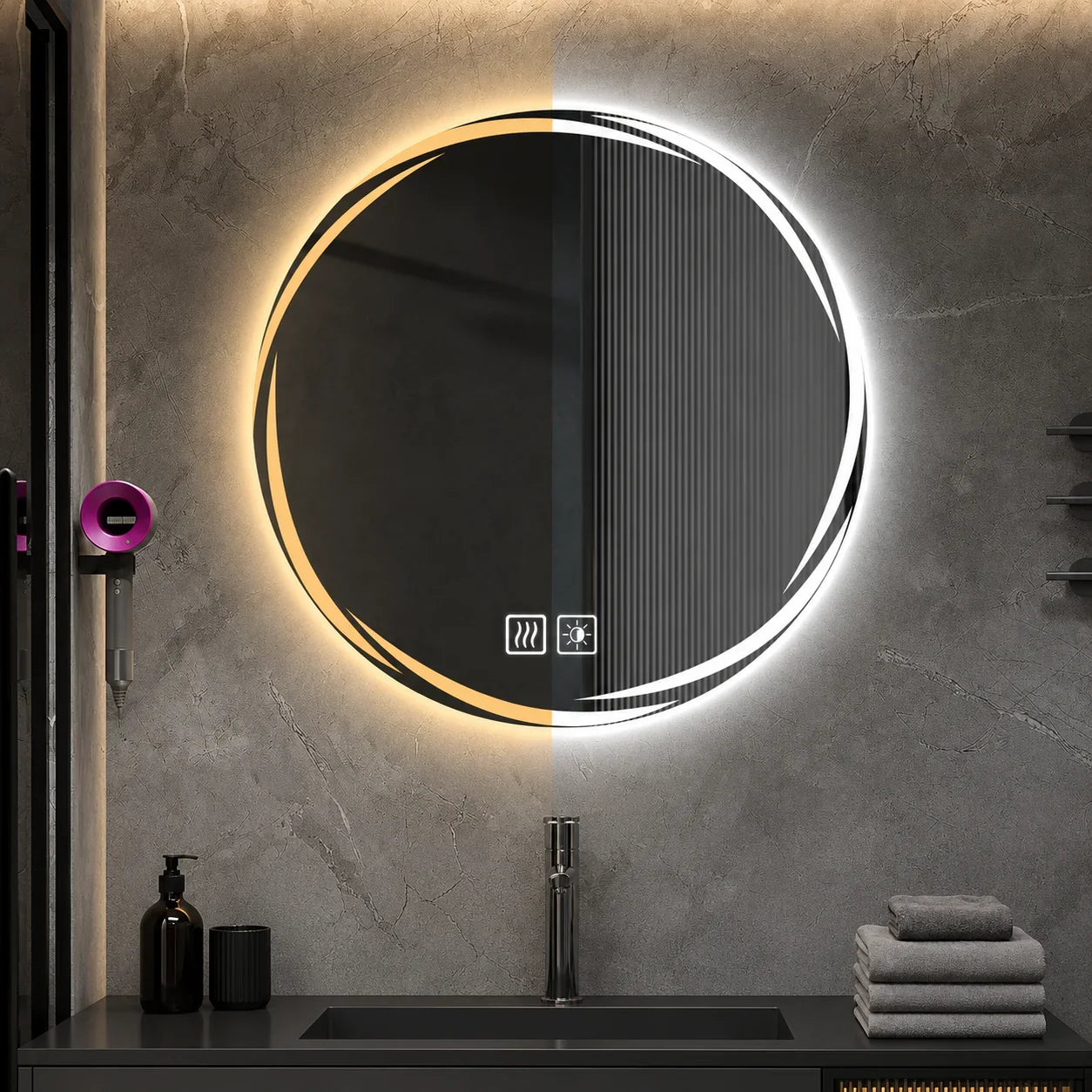 Round LED bathroom mirror with warm and cool light settings, mounted on textured gray wall above sink