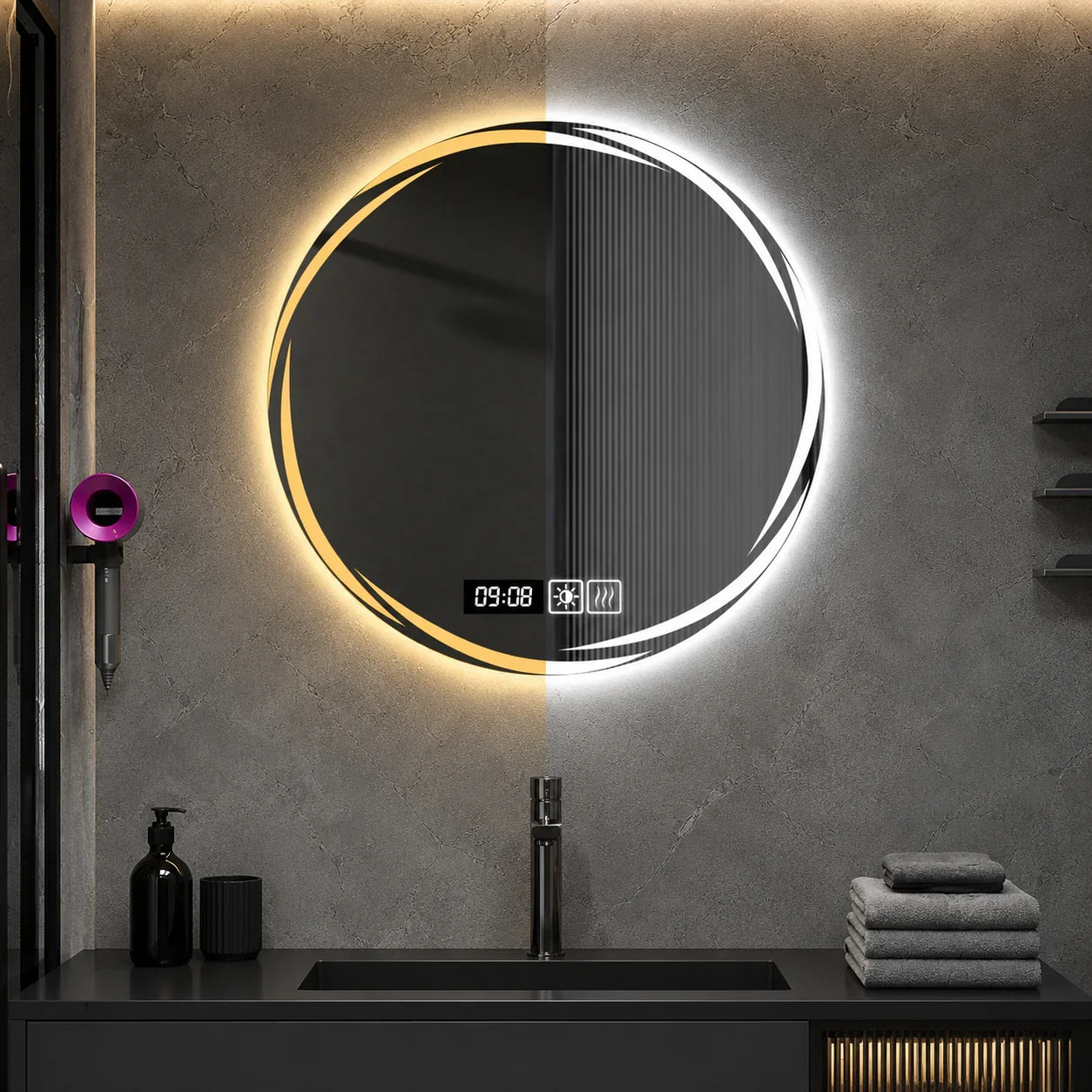 Round LED bathroom mirror with dimmable light and digital clock, mounted above modern vanity
