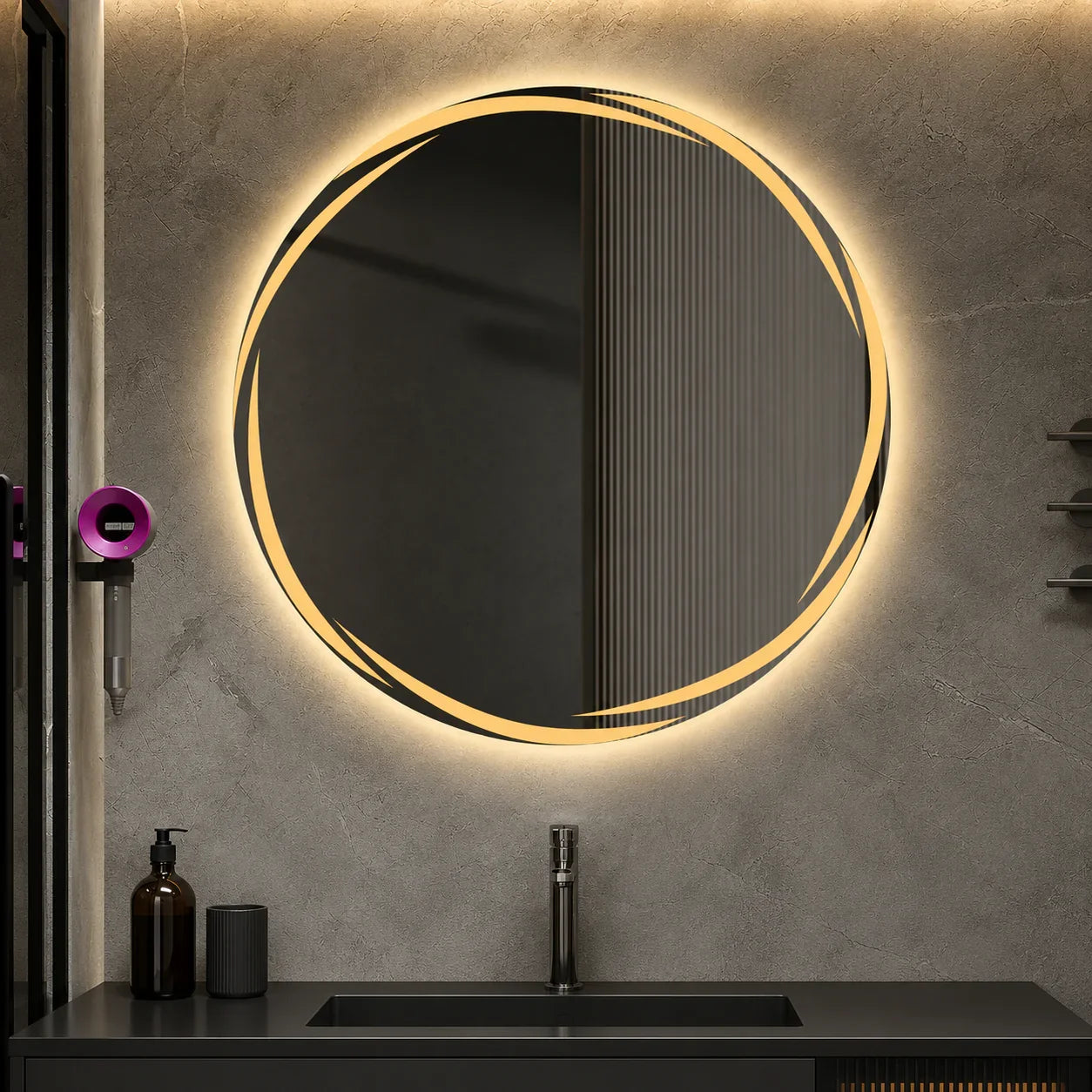 Round LED bathroom mirror with warm glow, modern design for vanity lighting and grooming
