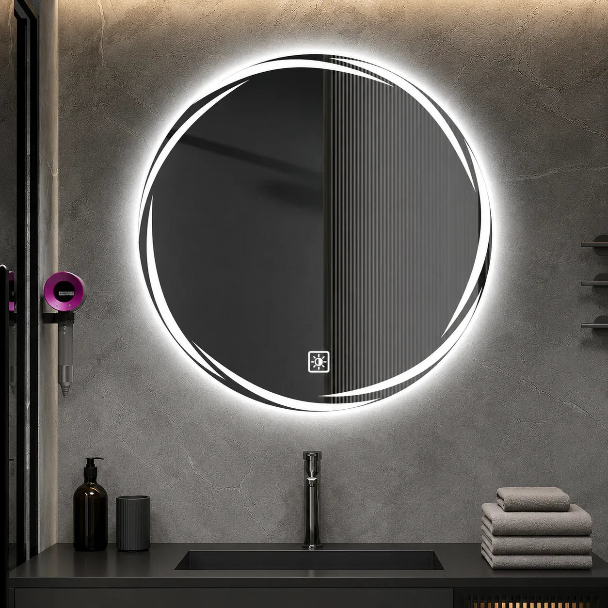 Round LED bathroom mirror with touch control, modern vanity lighting for contemporary bathroom decor