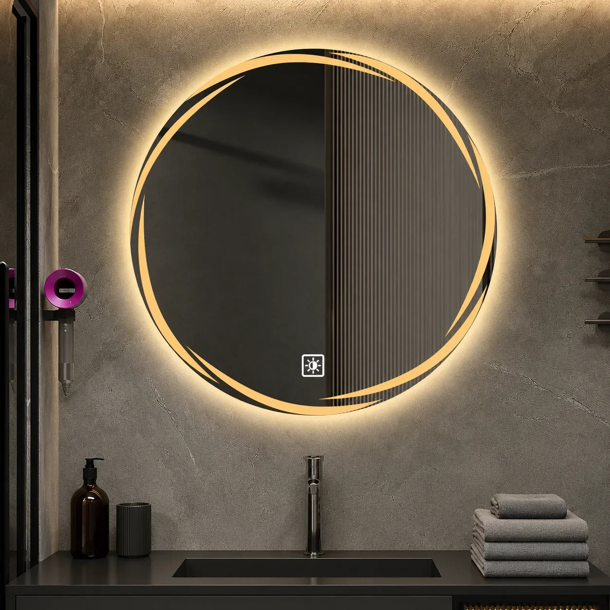 Round LED bathroom mirror with warm glow, modern vanity lighting for contemporary bathroom decor