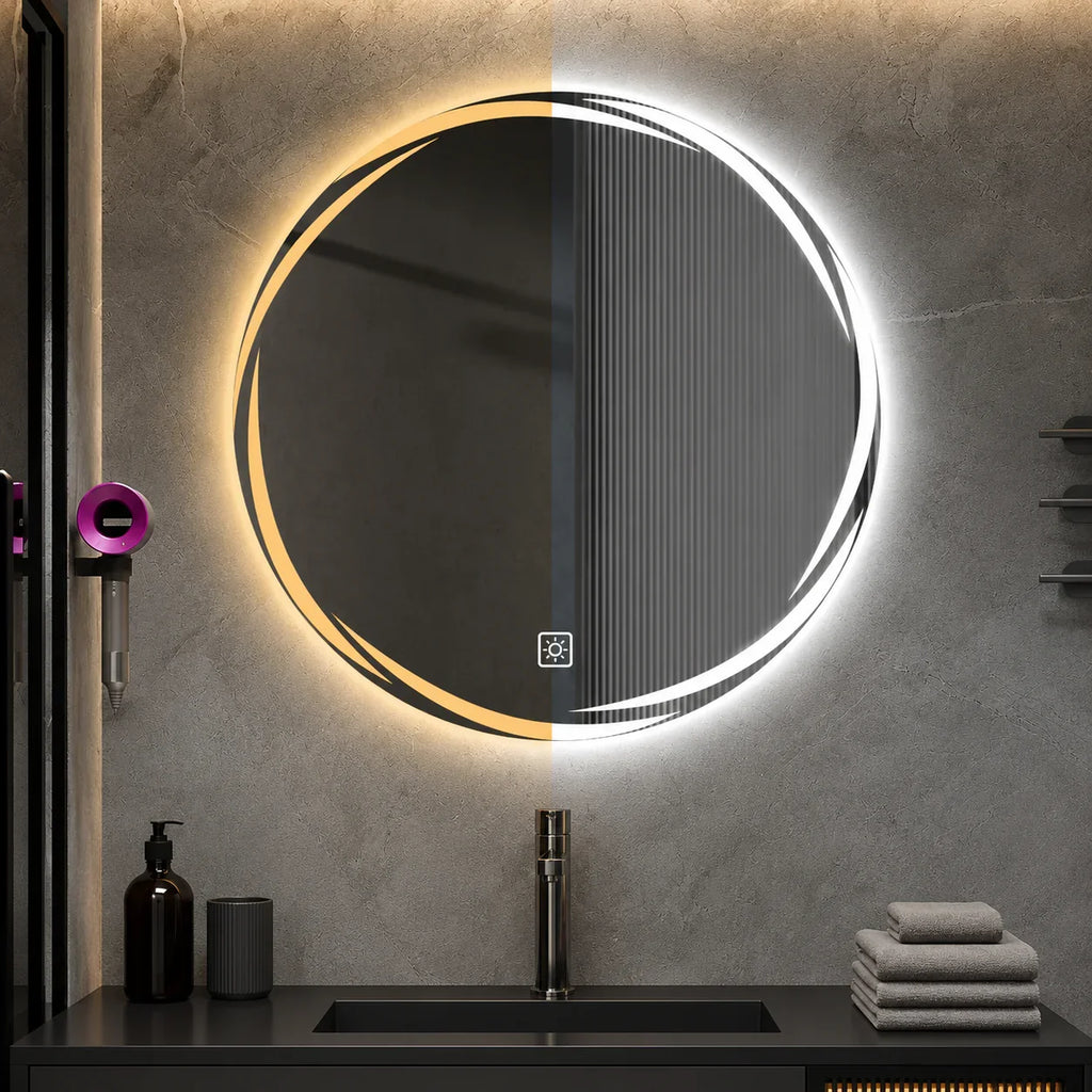 Round LED bathroom mirror with warm and cool light modes, mounted on textured gray wall above sink
