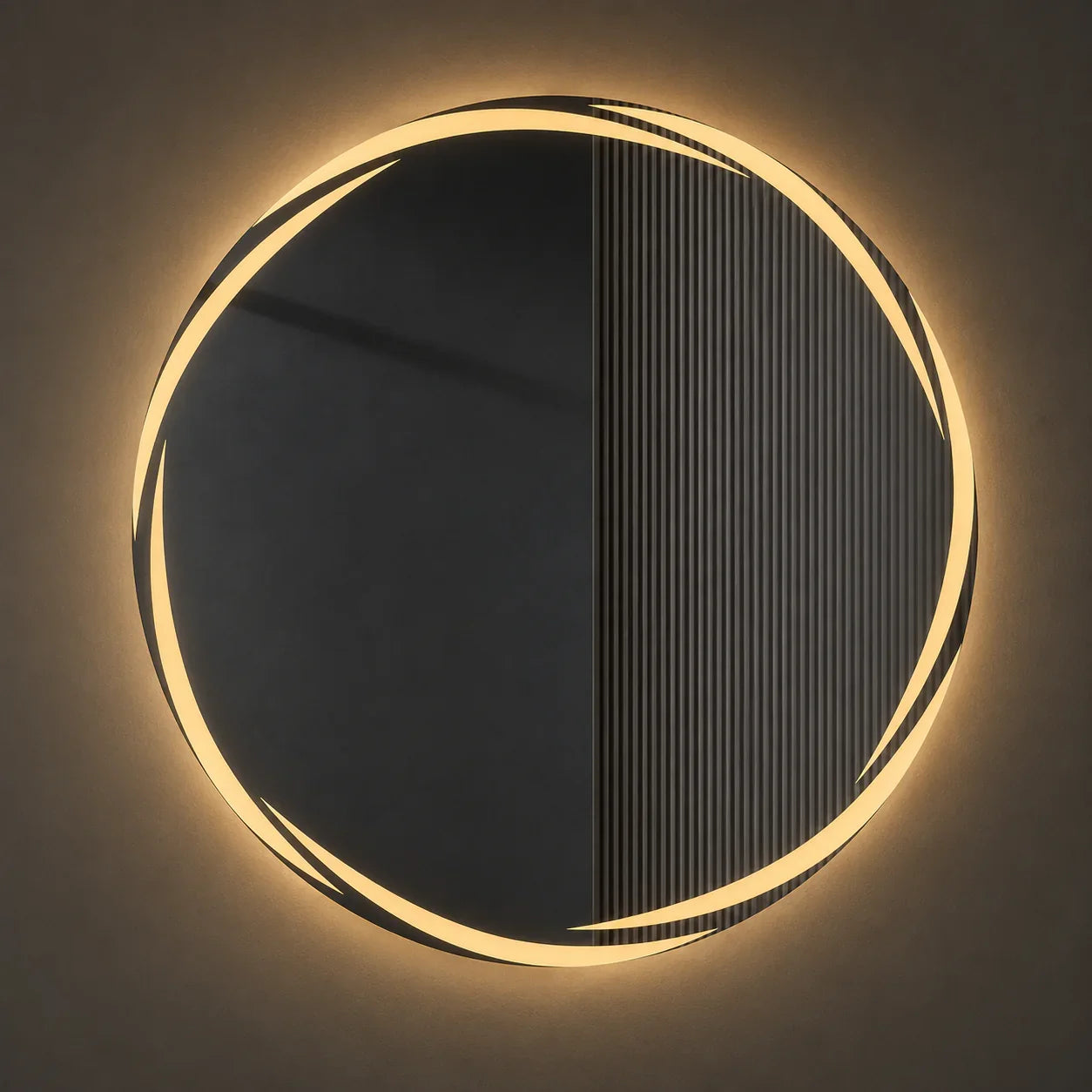 Modern circular wall light with warm LED glow and textured black finish for bedroom or bathroom lighting