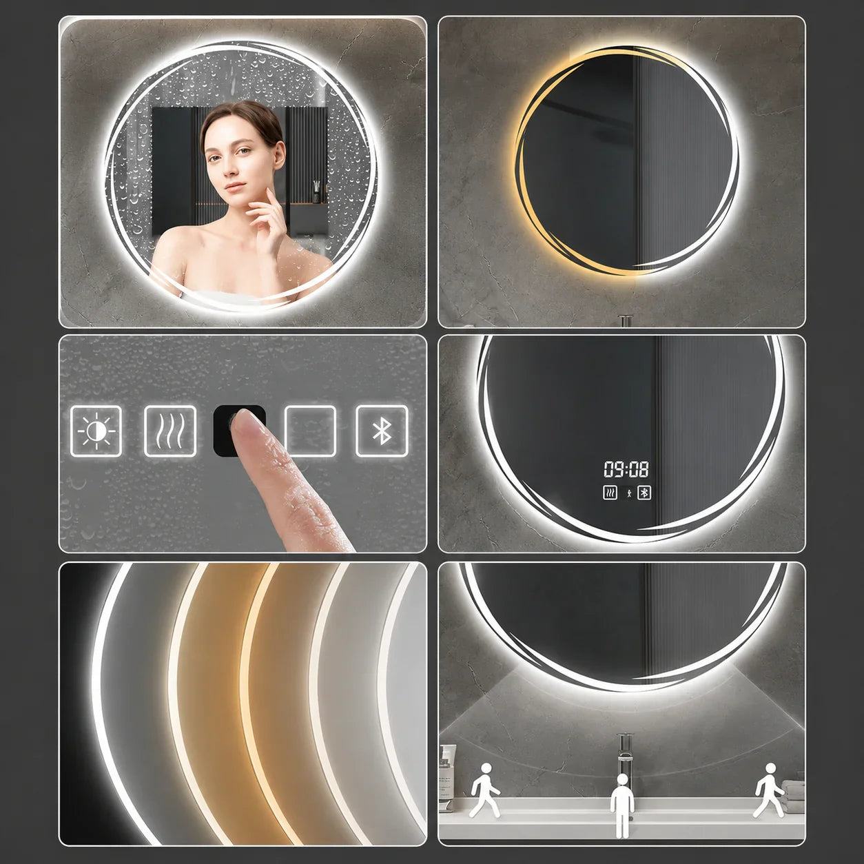 Round LED bathroom mirror with touch controls, anti-fog, color temp adjustment, and digital clock display