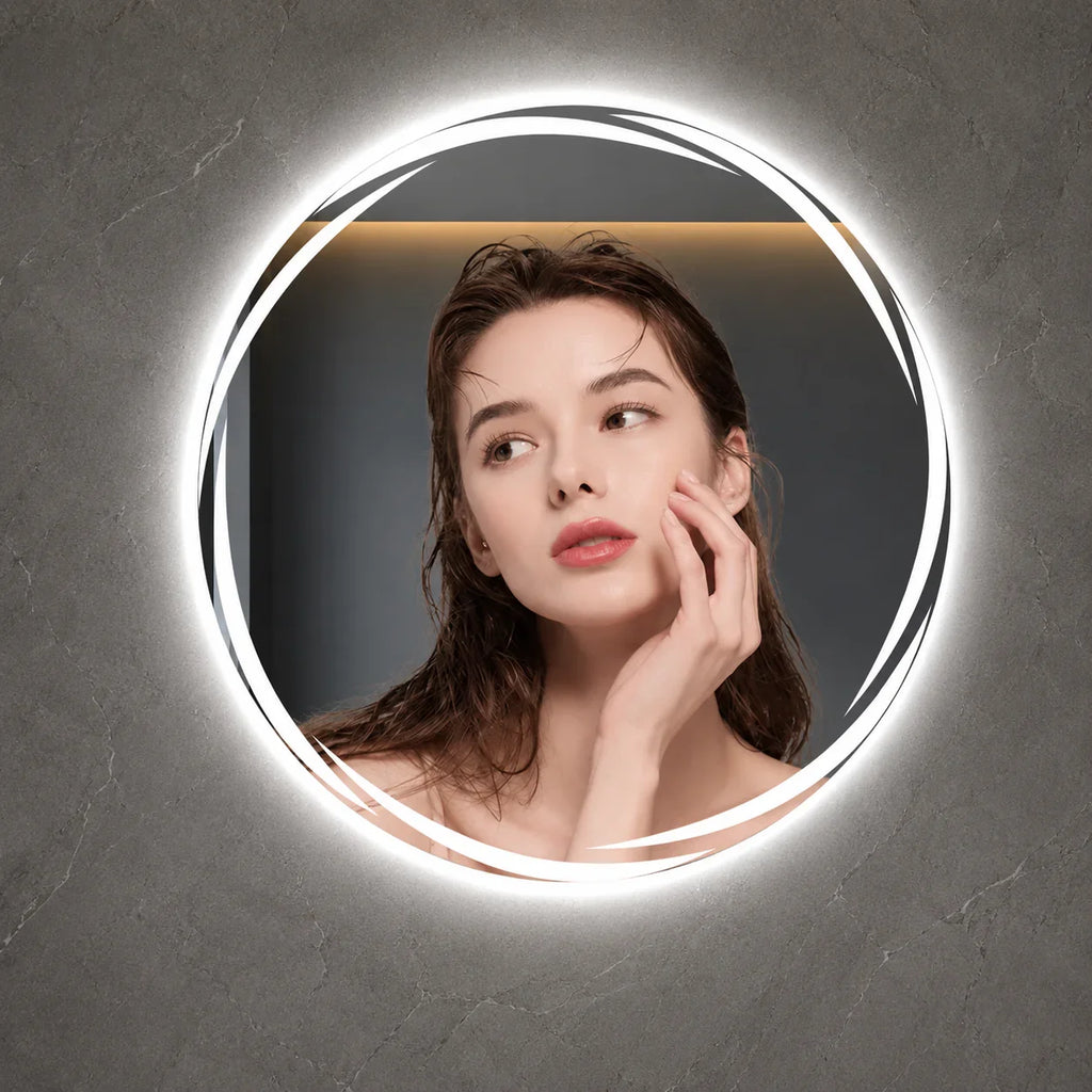 Round LED bathroom mirror with bright ring light, mounted on gray textured wall for vanity use