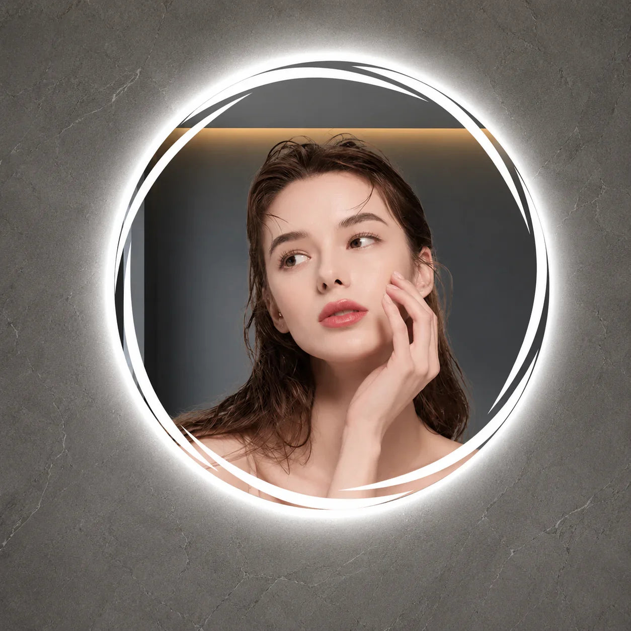 Round LED bathroom mirror with bright ring light, mounted on gray textured wall for vanity use