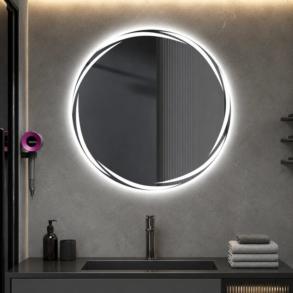 Round LED bathroom mirror with sleek frame, modern lighting for vanity, mounted above sink in contemporary bathroom