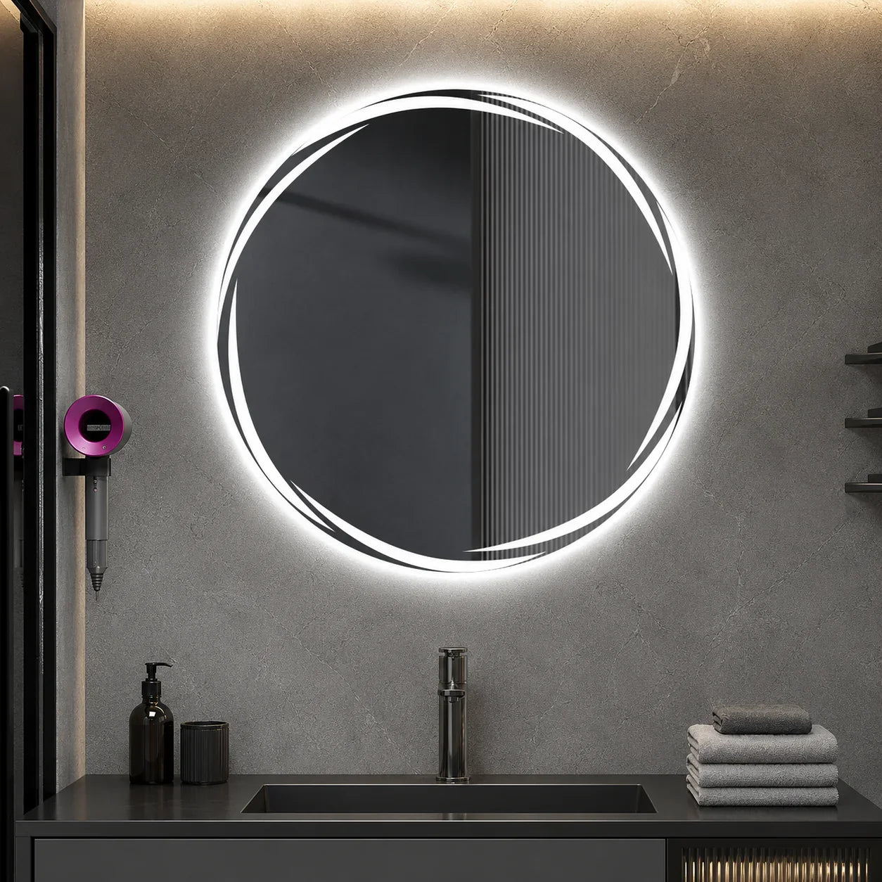 Round LED bathroom mirror with sleek frame, modern lighting for vanity, mounted above sink in contemporary bathroom