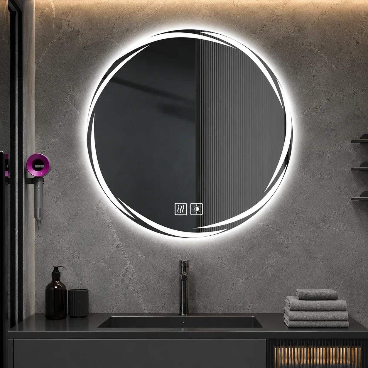 Round LED bathroom mirror with touch controls, mounted on gray marble wall above modern vanity
