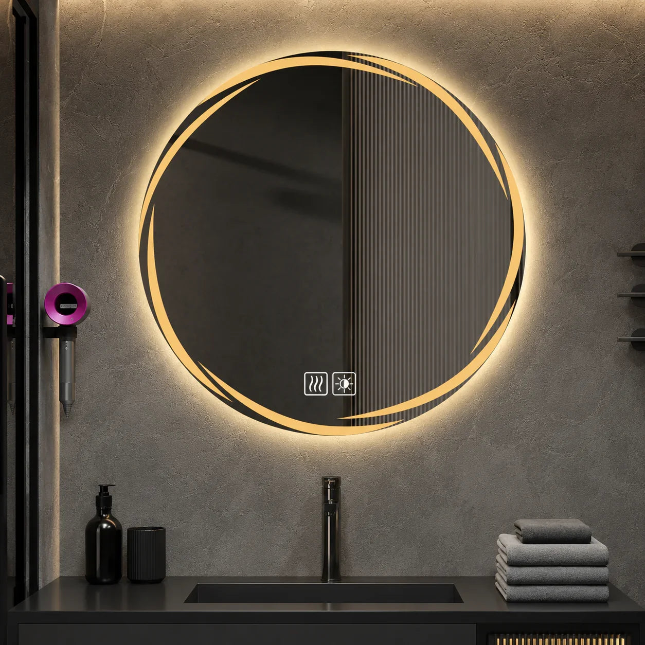 Round LED bathroom mirror with warm glow, anti-fog function, modern design for vanity lighting and grooming